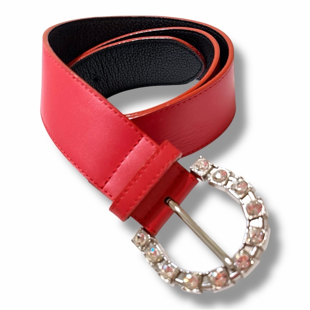 PabDer Red leather belt with silver tone  rhinestones buckle size M (36")